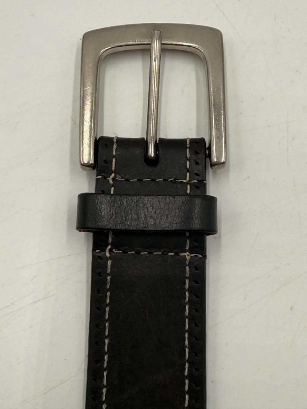 Black Genuine Leather Belt with White Stitching Size 34 Silver Buckle 1 3/8